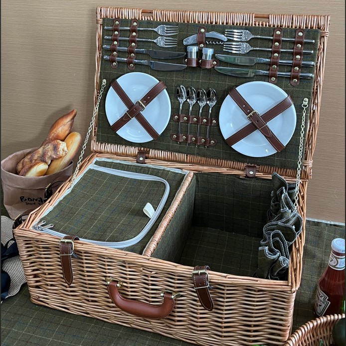 Comercio exterior personalizado canasta de picnic de caña aislamiento frutas cubiertos cesta de almacenamiento alfombra cesta de compras canasta de picnic de sauce de mano