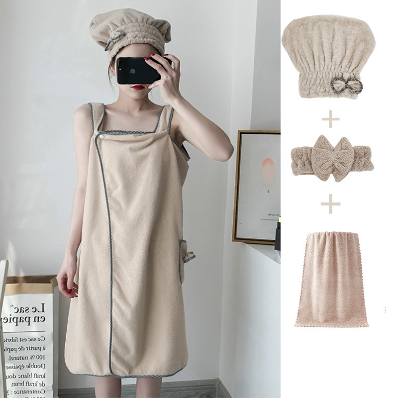 Manufacturer Coral Velvet Bath Skirt Can Be Worn Thickened Women's Tube Top Suspender Magic Bath Towel Adult Beach Towel Shower Cap Set