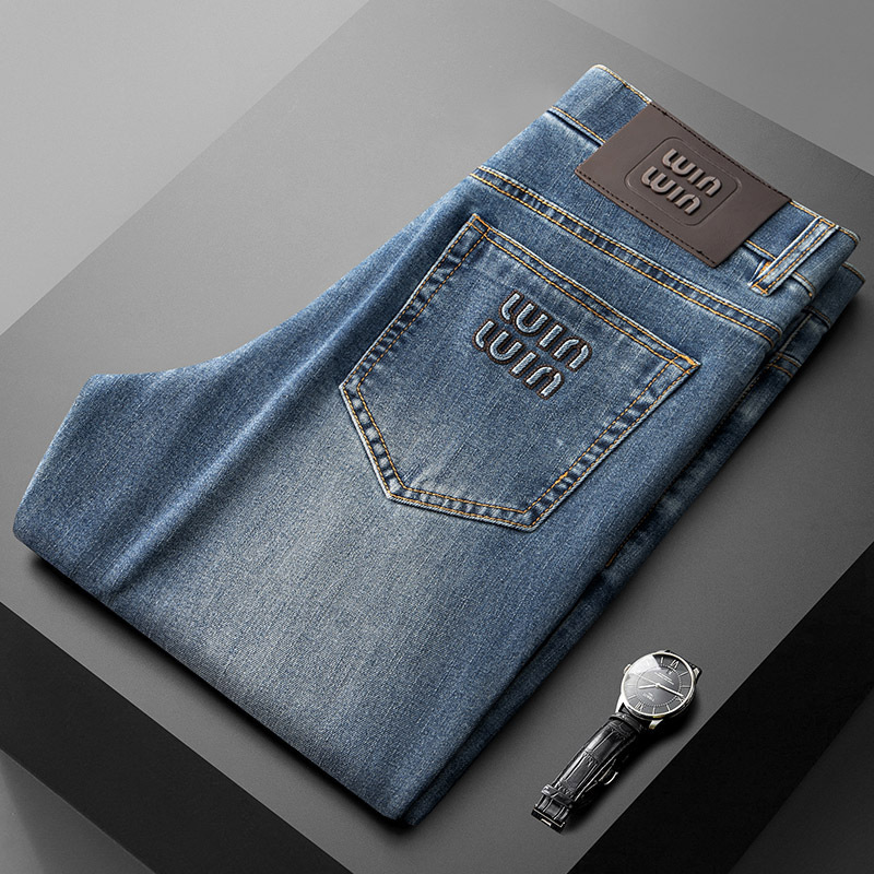 Light Luxury Summer Thin Pressed Convex Wash Water Stretch Blue Jeans Men's Slim-fit High-end Straight Men's Casual Pants