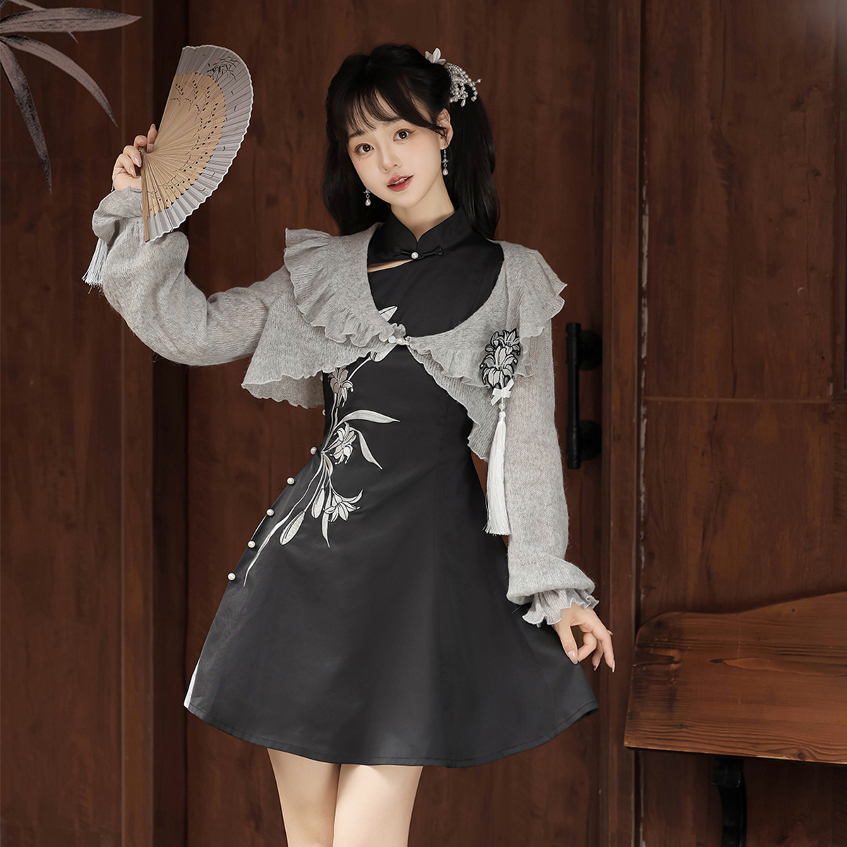 Original gris lirio chino ropa de mujer mejora diaria chino elementos de estilo chino chaqueta china vestido conjunto 9380