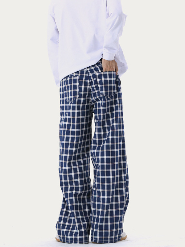 Retro blue colored trousers for men and women, American style, loose fit