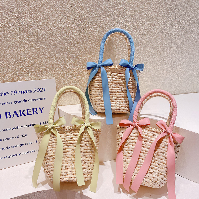 Women's Small Nylon Bow Knot Vintage Style Bucket Open Straw Bag display picture 6