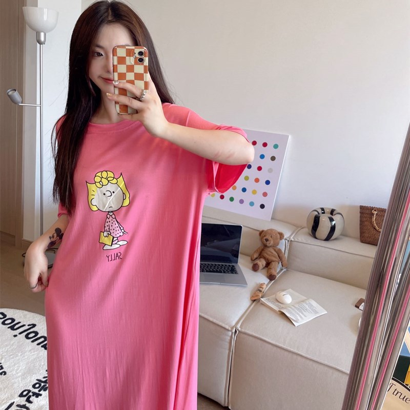Pijama de verano lindo dibujos animados moda vestido de pijama de mangas cortas para mujeres delgado fresco estudiante vestido larga suelta ropa para el hogar