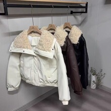 韩国加绒加厚短皮衣羊羔毛pu棉服女欧美外套冬新款拉链连帽皮棉衣