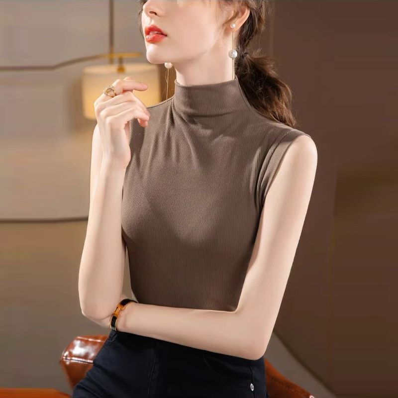 Pure Desire Style Sleeveless Vest Base Shirt for Women, New Spring and Summer Half-High Collar Solid Color T-Shirt, Elegant Slim-Fit Inner Top