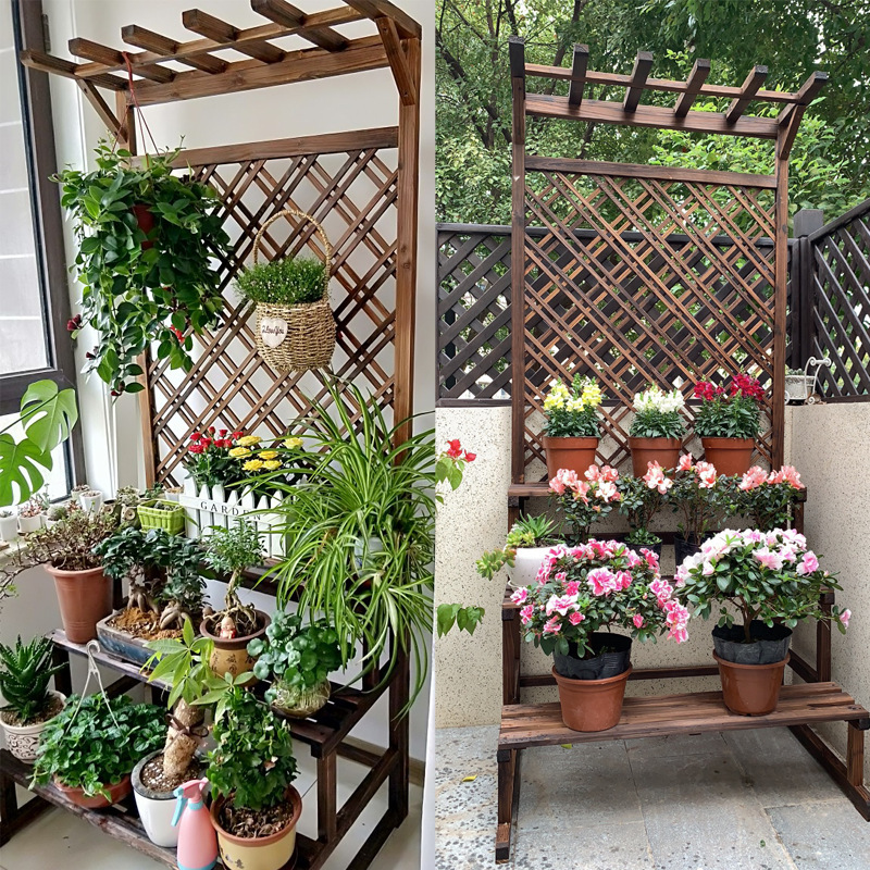 Anticorrosive Wood Balcony Flower Rack Household Multi-Layer Solid Wood Partition Outdoor Plant Rack Courtyard Indoor Potted Flower Pot Rack