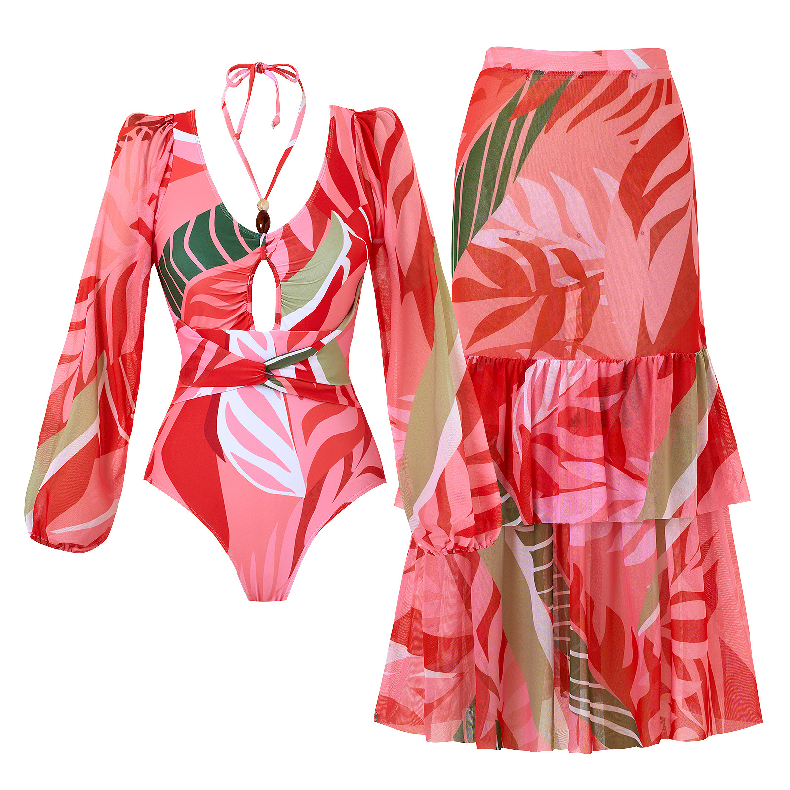 in stock 2025 Printed Fashion Sexy European and American New Tight Two-piece Swimwear Women's Mesh Skirt Swimwear suit