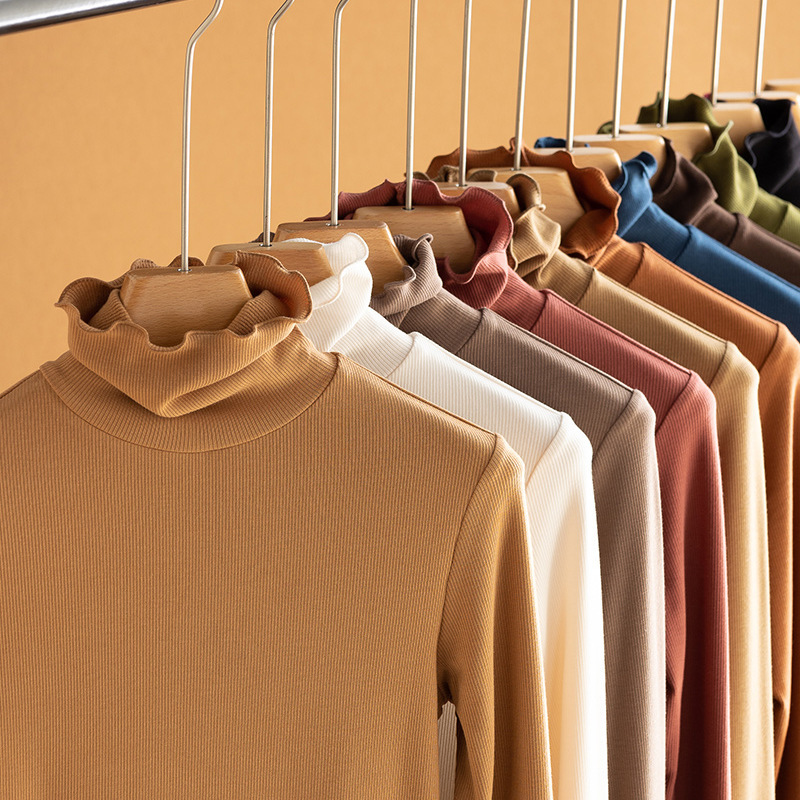 Women's Long Sleeve Turtleneck Base Shirt with Mulberry Silk Lace, High Neck, Thickened and Warm for Autumn and Winter