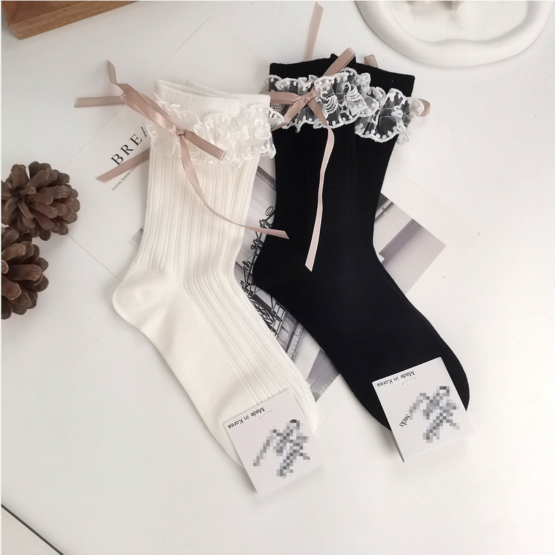 Japanese Lolita Mid-Calf Lace Bow Women's Socks Korean Dongdaemun Autumn New Trendy Socks Sweet College Style