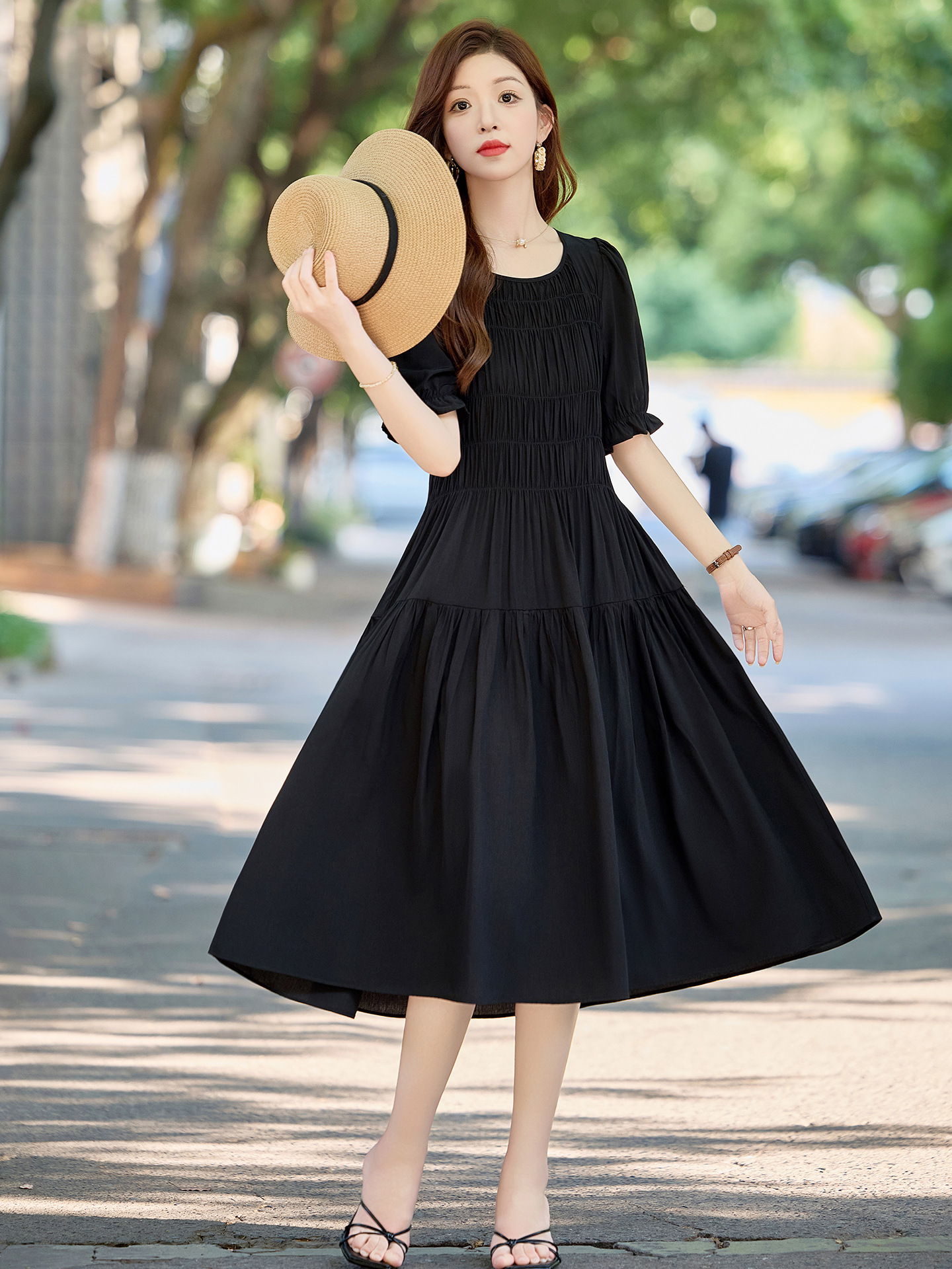 Đầm suông nữ midi che bụng eo màu trơn NI510 — Màu đen, Màu đỏ