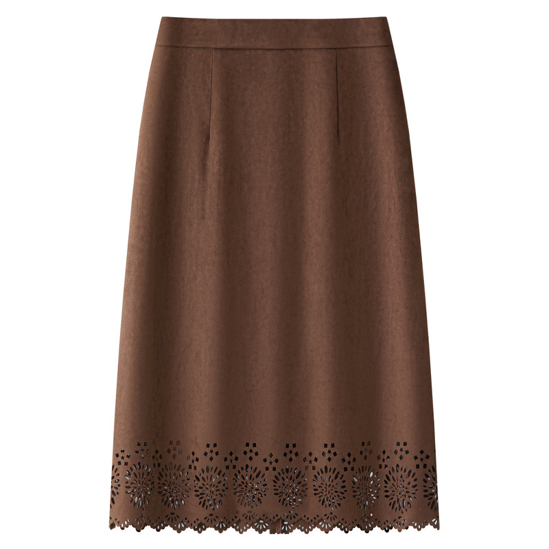 Brown Suede Skirt for Women 2025 Autum New High-Waist Slim and High-End Mid-Length Cut Out Straight Skirt