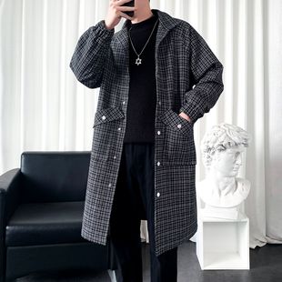 2022 Winter New Men's Loose Plaid Mid-length Coat Korean Style Youth Fashion Casual Coat Jacket for Men