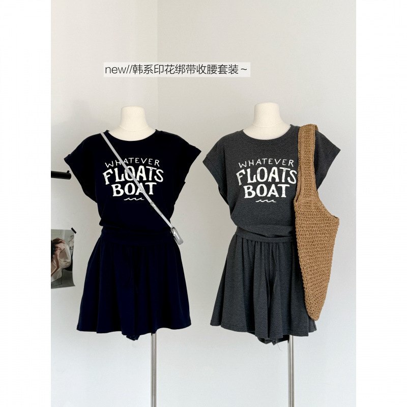 セナ 2025 新作夏ルーズスリム万能レター半袖Tシャツ+ウエストゴムスカートパンツ2点セット|undefined