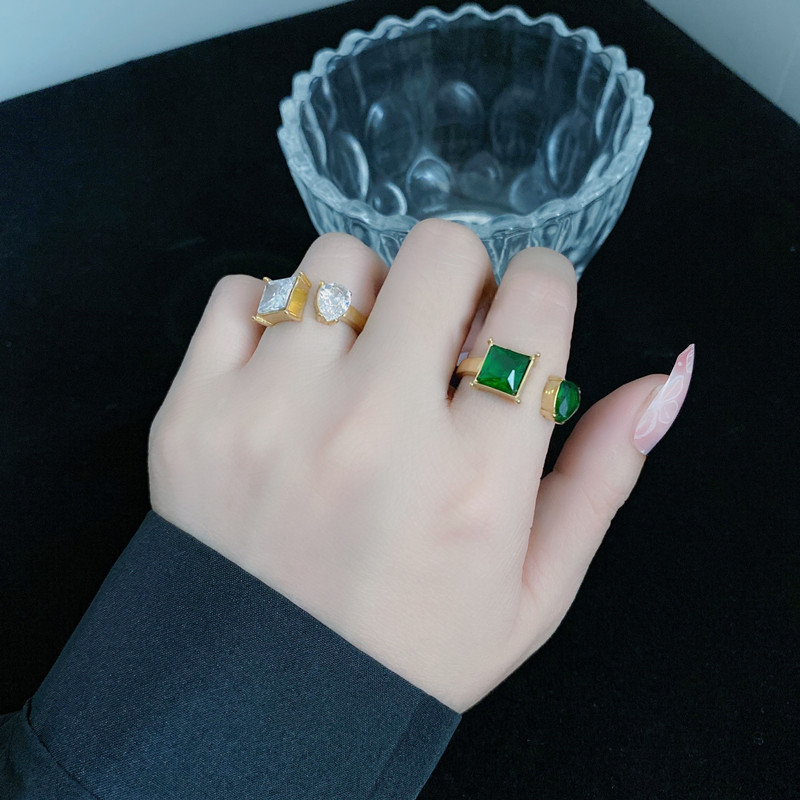 Fashion Round Square Titanium Steel Inlay Artificial Diamond Open Ring 1 Piece