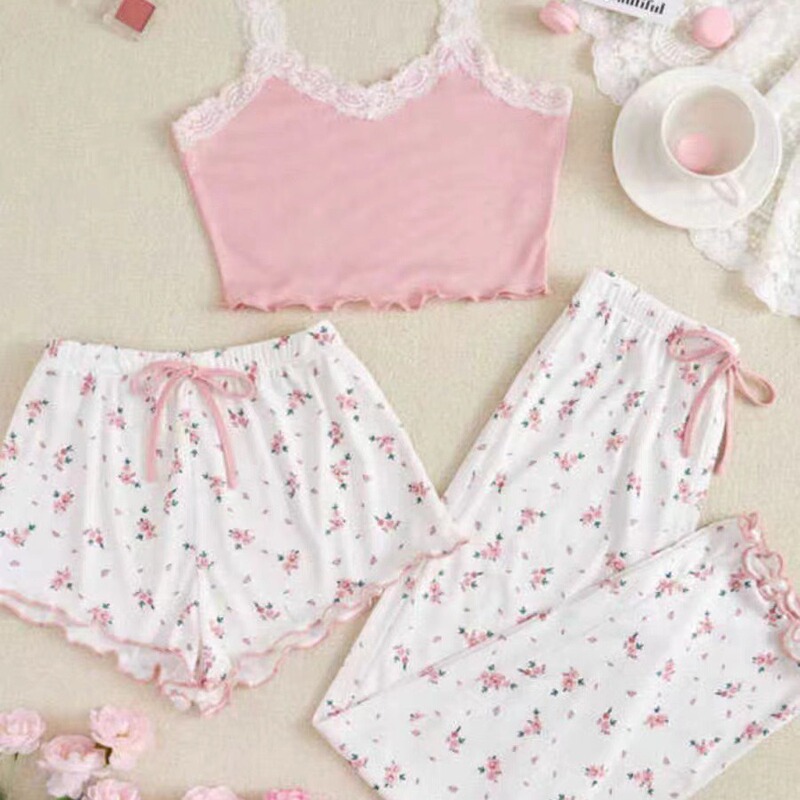 Cross-Border Ribbed Women's Loungewear 2026 Hot-Selling Printed Comfortable Casual Women's Summer Pajama Three-Piece Set Cross-Border Ribbed Women's Loungewear 2026 Hot-Selling Printed Comfortable Casual Women's Summer Pajama Three-Piece Set