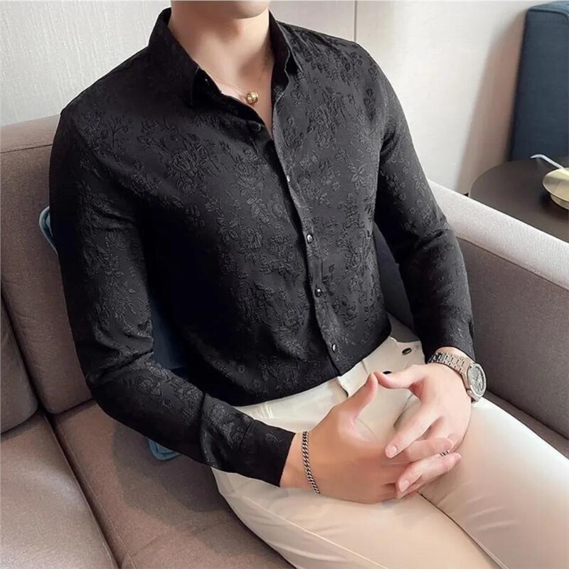 No-Iron Spring and Autumn Casual Long-Sleeve Jacquard Stretch Dark Pattern Stylish Trendy Men's Nightclub Rose Shirt