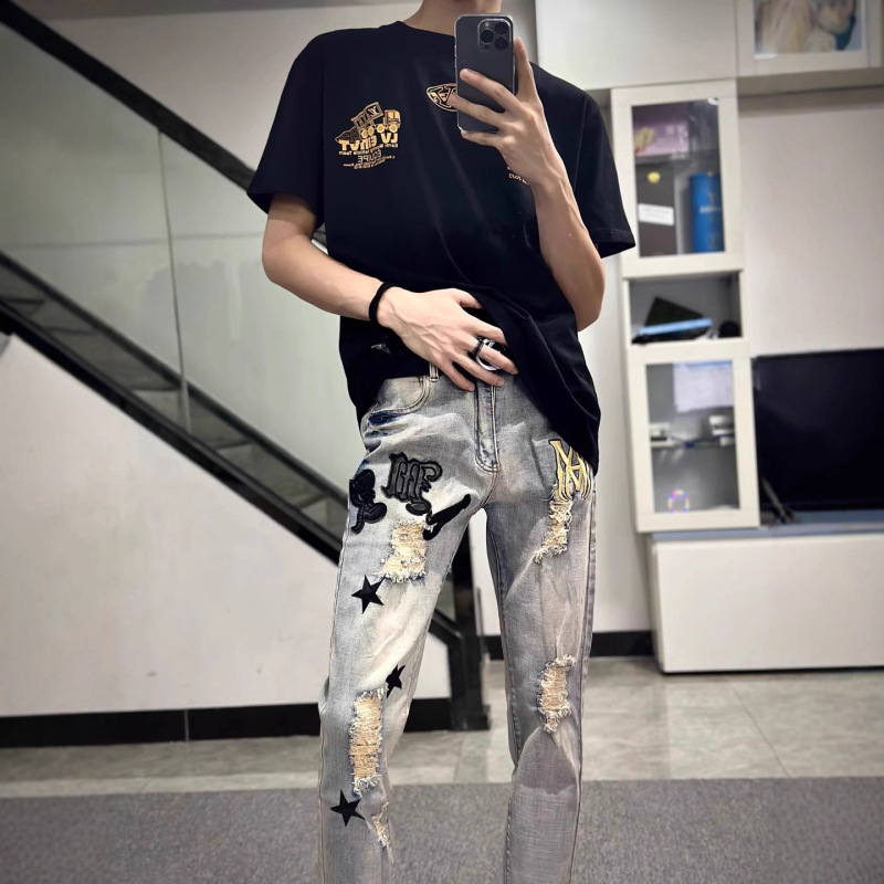 美式高街复古五角星贴皮补丁牛仔裤男女潮流街头嘻哈修身小脚长裤|undefined