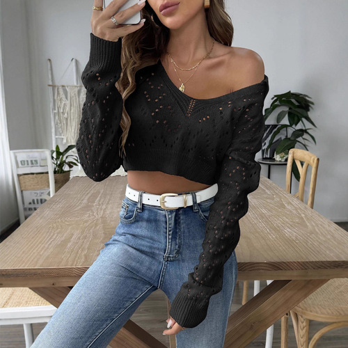 Women's Short-Sleeve Top Cross-Border European and American Fashion Spring and Autumn New Collar Polo Neck Hollowed Navel Hooded Sweater