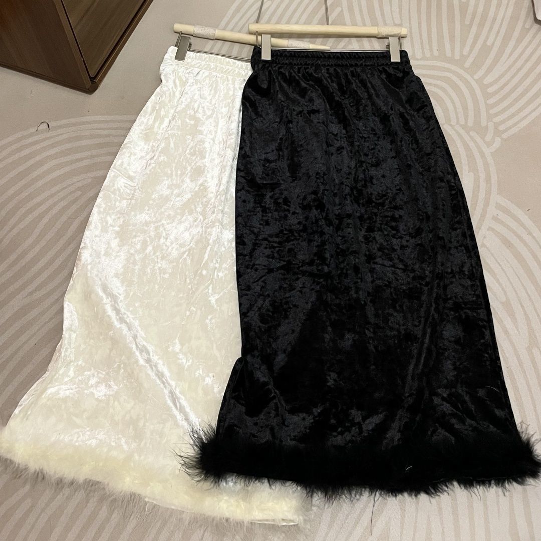 新品 丝绒半身裙下摆毛毛开叉中长裙2025新中式遮肚子显瘦洋气加