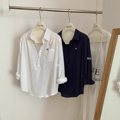 大码300斤港风复古长袖衬衫女夏季新款宽松显瘦老钱风防晒衬衣ins