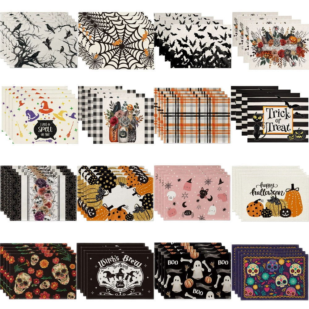 Настольный коврик с принтом элементов Хэллоуина, льняной коврик для столовых приборов, изоляционный коврик, скатерть