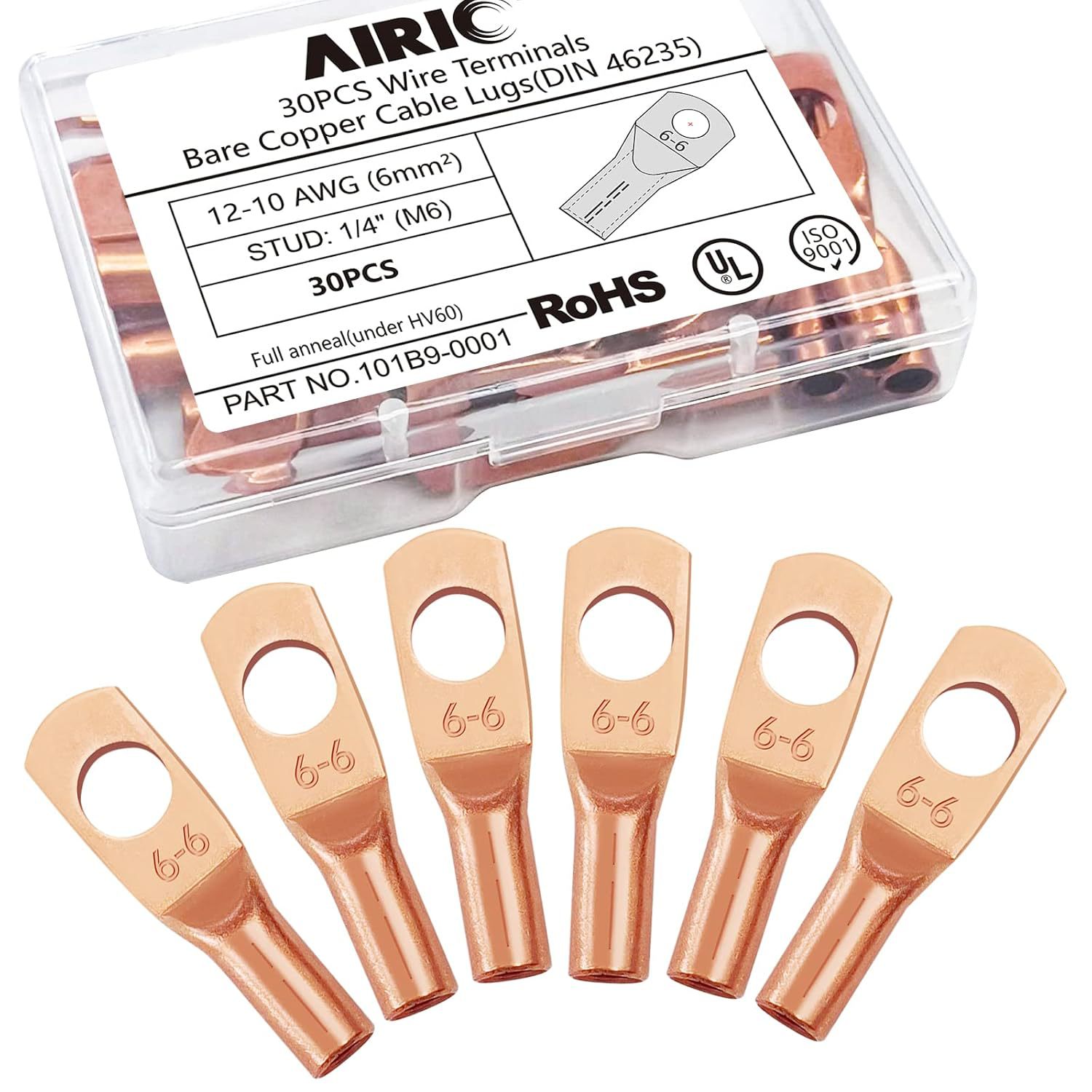 AIRIC 30 pcs Battery Cable Lugs 12-10 AWG 1\/4" Stud (M6