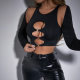 European and American cross-border autumn new women's fashion round neck long-sleeved T-shirt sexy hollow slim-fit cropped top