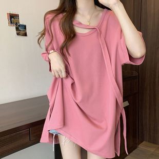 Mid-Length Slit Short-Sleeved T-Shirt for Women in Summer, Loose and Slim, Large Size Student Design Niche Bottoming Shirt Top