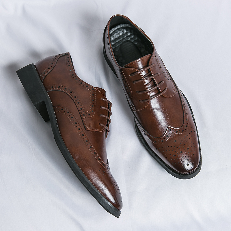 Zapatos de cuero casuales de los hombres del dedo del pie puntiagudo zapatos de cuero genuino británico de negocios de desgaste formal brogue tallado zapatos de los hombres de la capa superior de piel de vaca Derby zapatos image 4