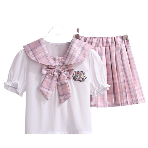 Girls' JK Set Dress Korean Version Primary and Middle School Students Butterfly Bow Short Sleeve Summer Clothing College Style Girl Pleated Skirt Two-Piece Set