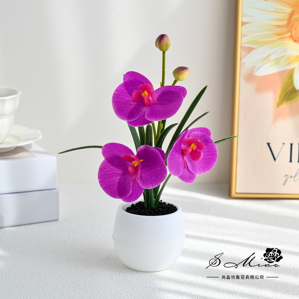 Tres flores y dos frutas pequeñas orquídeas mariposa bonsai imitación maceta flores falsas decoración del hogar fotografía flores artificiales decoración floral de boda image 4