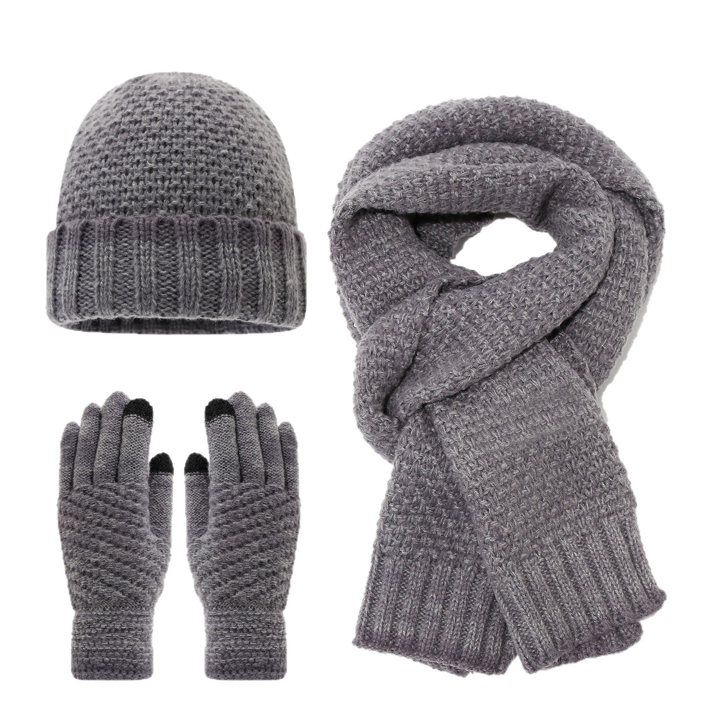 Invierno de moda europea y americana sombrero de punto de color conjunto de tres piezas al aire libre amplio sombrero bufandas guantes de calor conjunto de moda