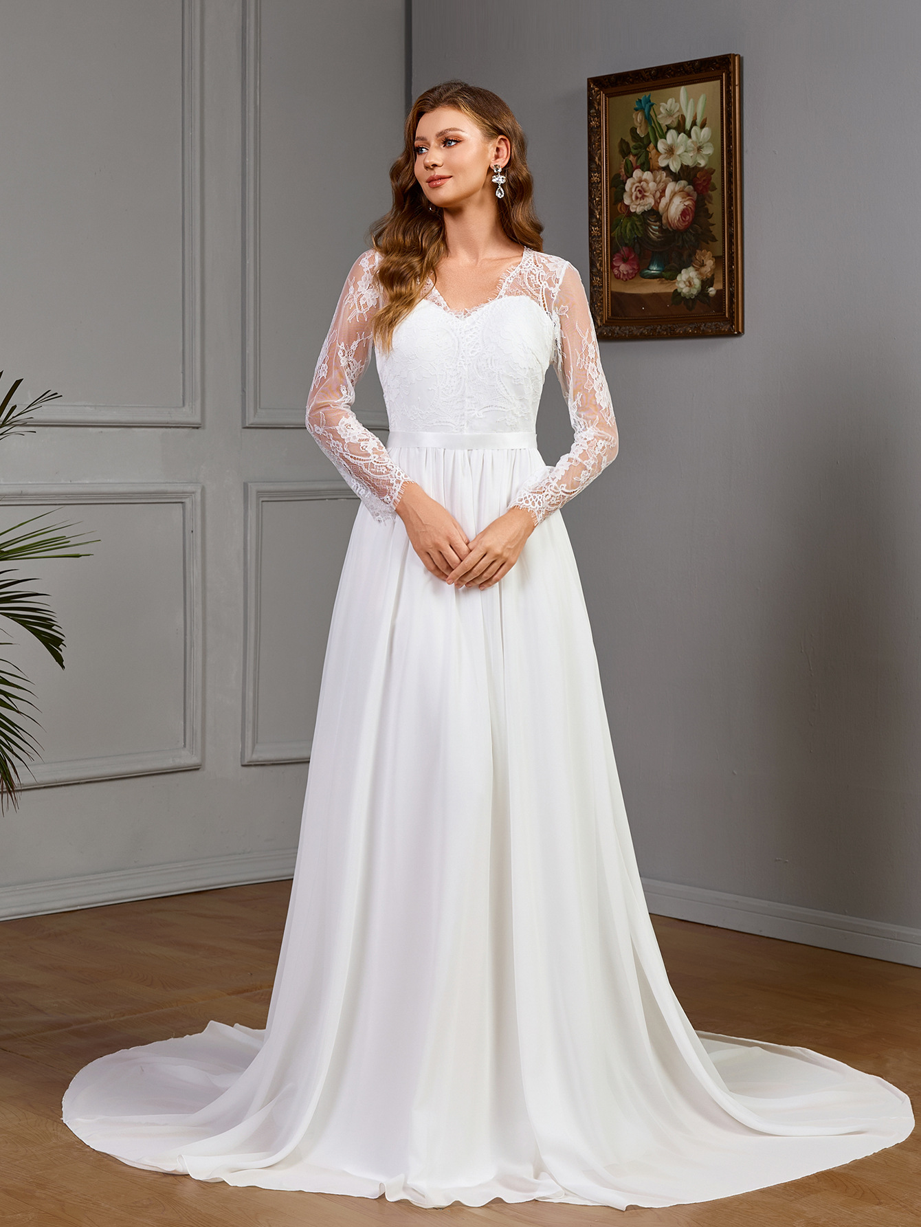 Comercio exterior europeo y americano nueva ropa de mujer Amazon encaje sexy vestido de boda de manga larga con un vestido de pecho de algodón blanco
