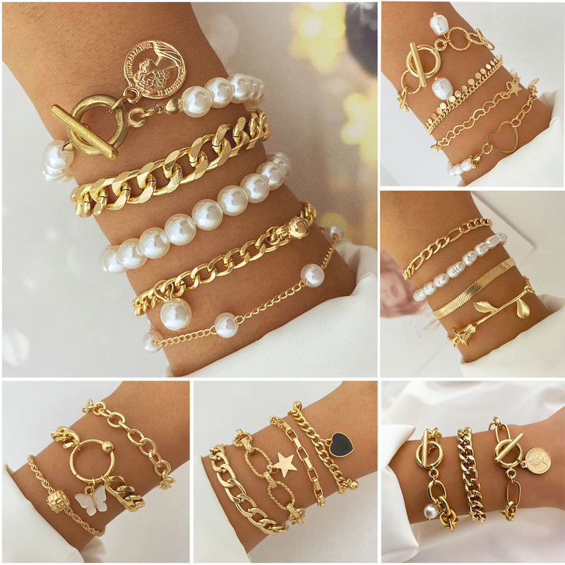 European and American style lovely pearl chain bracelet suit women's all-match personality punk style men's vintage jewelry wholesale