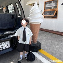 男童短袖衬衣两件套儿童白色衬衫棉制套装夏季宝宝黑色裤子学韩系