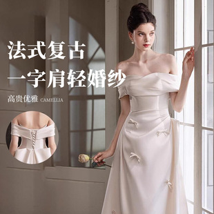 French Satin Light Wedding Dress One-Shoulder Bride Engagement Registration Dress Simple Daily Bow Little White Dress