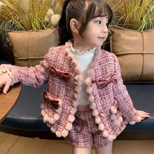 外贸新品2025 冬季新款女童蝴蝶结小香风外套+短裤冬装两件套