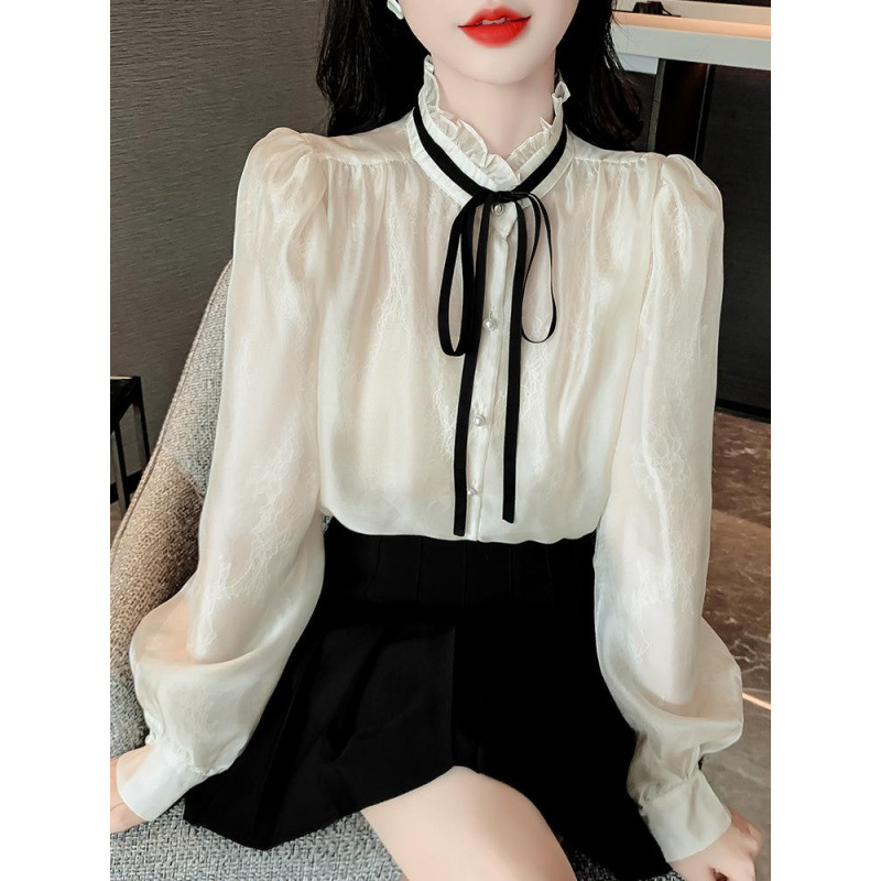 프렌치 스타일 스탠드 칼라 쉬폰 셔츠 여성용 봄 가을 2025 신상 리본 끈 셔츠 고급 여성용 긴팔 상의