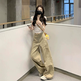 卡其色夏季牛仔裤女阔腿宽松牛仔弯刀裤女低腰显瘦裤子女款慵懒风