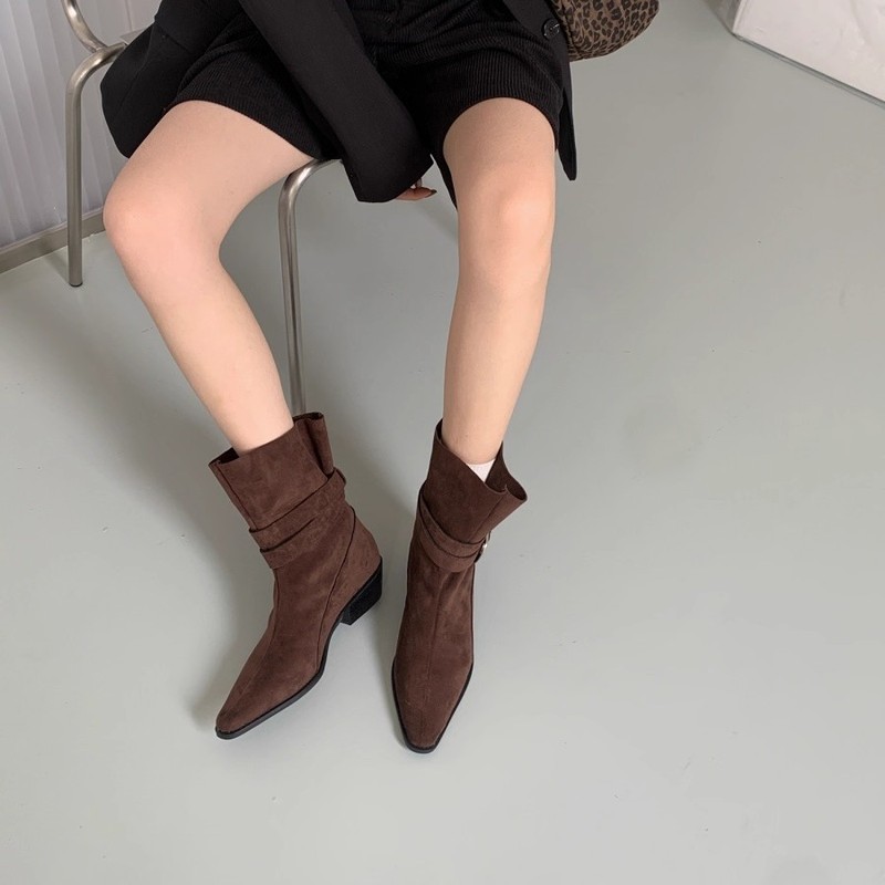 3.5cm复古套筒两穿方头短靴女2025秋季新款皮带扣粗跟束口时装靴|undefined
