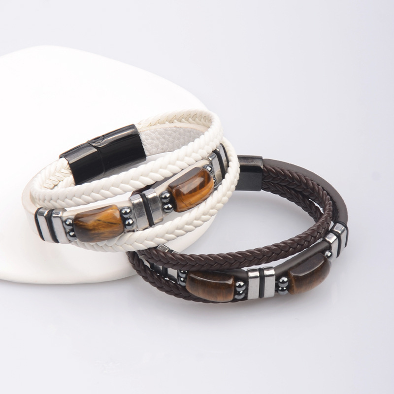 Tiger's eye stainless steel bracelet magnet buckle multi-layer leather bracelet Amazon cross-border explosions retro men's jewelry Tiger's eye stainless steel bracelet magnet buckle multi-layer leather bracelet Amazon cross-border explosions retro men's jewelry
