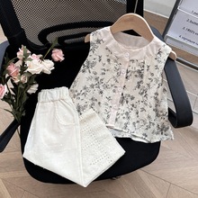 77302 女童复古棉麻背心夏装24新款韩版洋气儿童娃娃衫阔腿裤套装