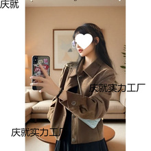 咖色鹿皮绒外套女短款2025春秋款韩系宽松休闲复古小个子夹克上衣
