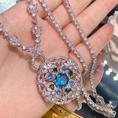European and American luxury new full diamond flower pendant live stream supply pt950 open ring necklace fashion