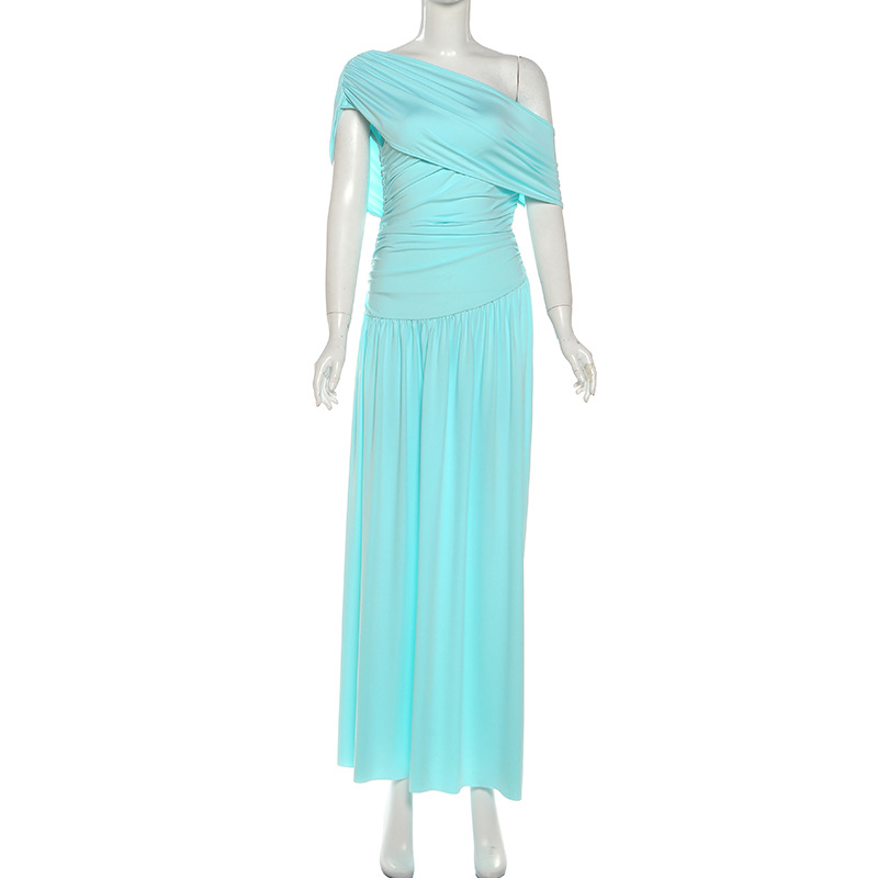 Summer New Women's Elegant Asymmetrical Neck Off-Shoulder Long Dress European And American Style Cross Border Solid Color Waist_ecoleips.com