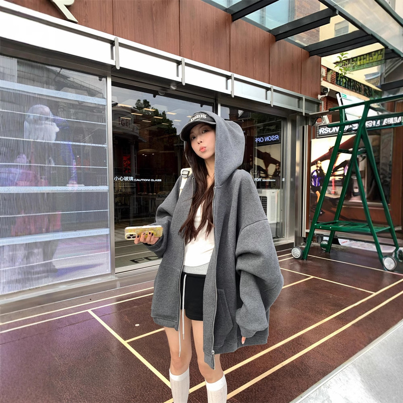 实拍~秋季新款宽松长袖连帽卫衣女石岩灰休闲慵懒风上衣外套87124|undefined