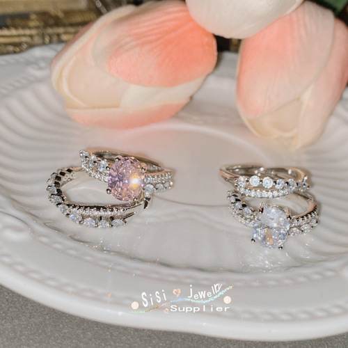 SIsi high-end small diamond stacking ring set for women, 18k micro-plated light luxury pink style niche design ring