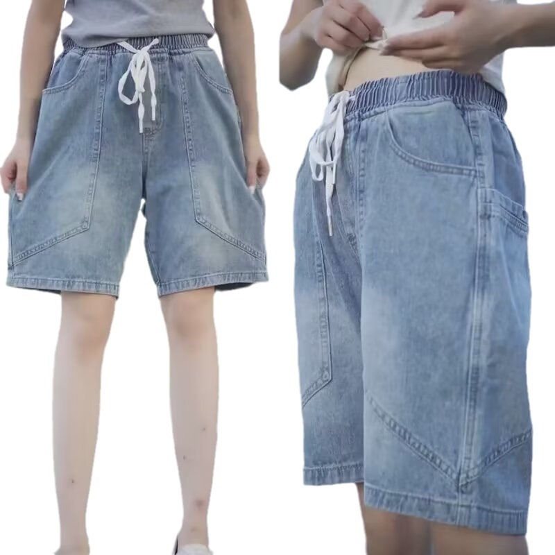 Ropa de trabajo pantalones cortos de mezclilla pantalones casuales de alta gama sueltos de verano para hombres pantalones de cinco puntos guapos de marca de moda retro lavados