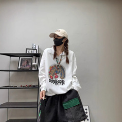 下摆抽绳字母印花卫衣女 2025秋新款韩版宽松休闲翻领套头上衣