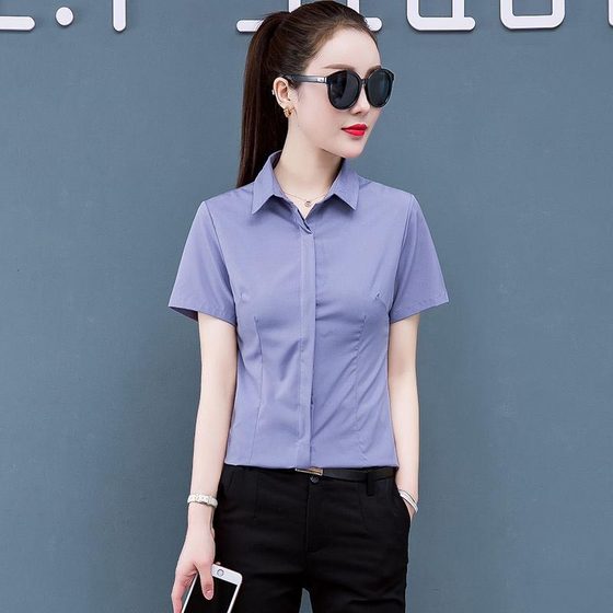 Summer Business Wear Women's Short-sleeved plus size Tooling Shirt with Dark Button Overalls Korean Style Female Student Business Dark Placket